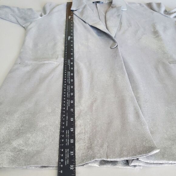 Festive Soft Metallic Silver Faux Suede Longline Blazer Sz XL Holiday Party Glam - Picture 6 of 9